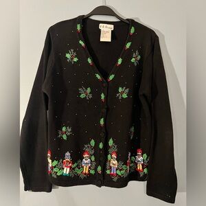 Charming Black Cardigan with Nutcracker Design